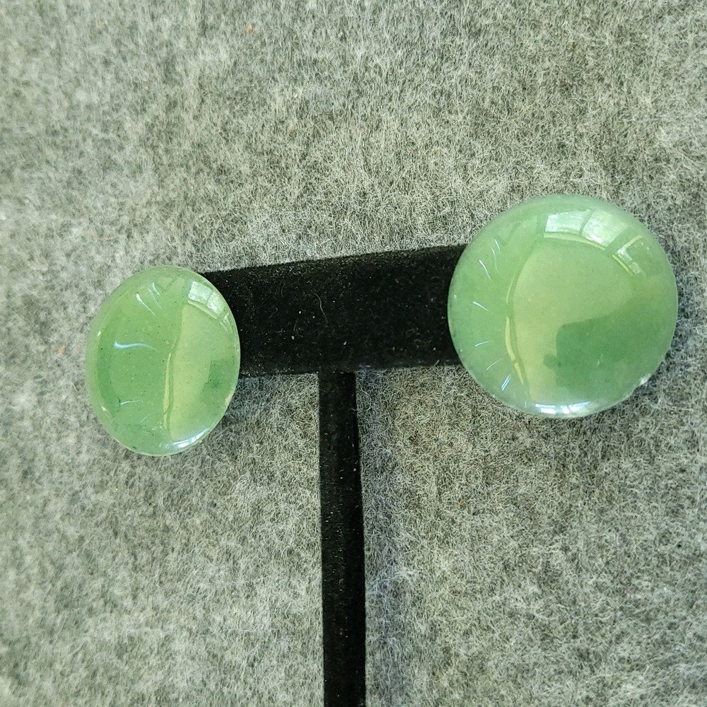 Vintage Green Cabochon Clip On Earrings Large Oval Statement 0.96"